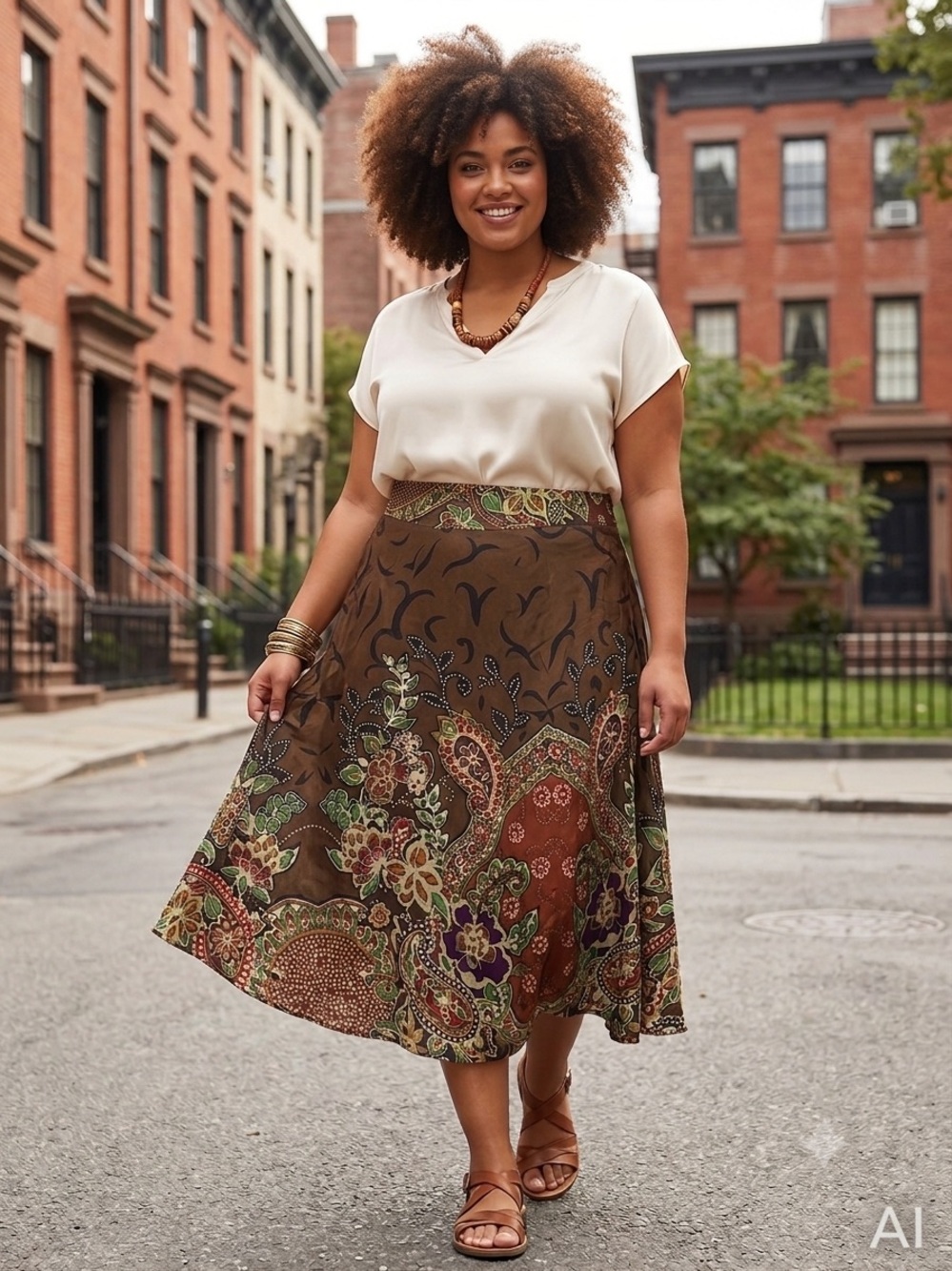 Women's  Paisley Silk Midi Skirt - Neutral Print